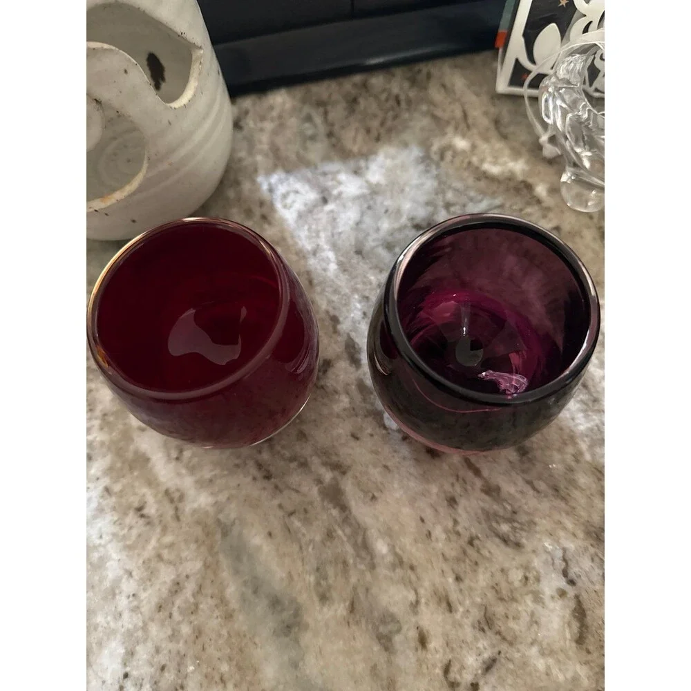 Crate & Barrel blown Glass Clear Cup Ruby RedPurpleVotive Candle Holder Set of 2